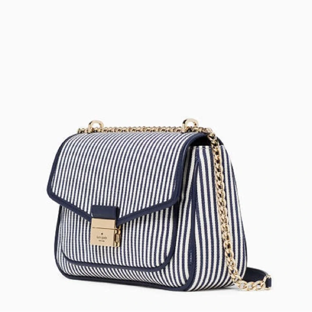 KATE SPADE Blue & White Striped Carey Medium Flap Striped Crossbody Shoulder Bag
